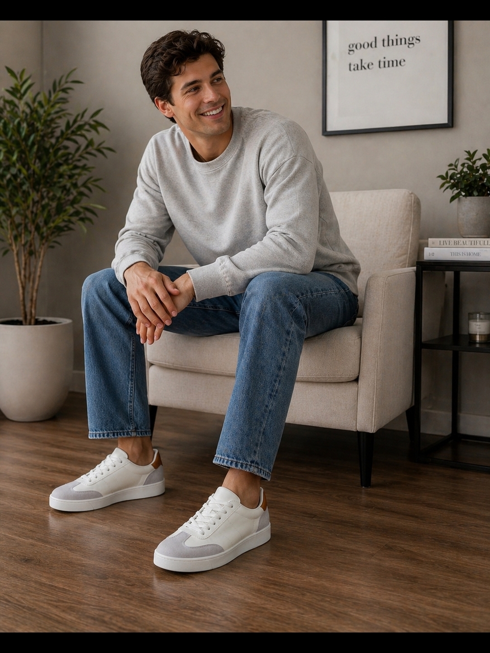 Men's Casual White Low-Top Sneakers with Light Gray & Tan Accents
